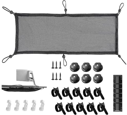 Ragyzity Under Desk Cable Tray, Flexible Cable Management Net Cable Manager Kit with 6 Screws 11 Buckles 10 Acrylic White Film Adhesives 10 Magic Stickers 1 Cable Manager for Power Strip Power Cord