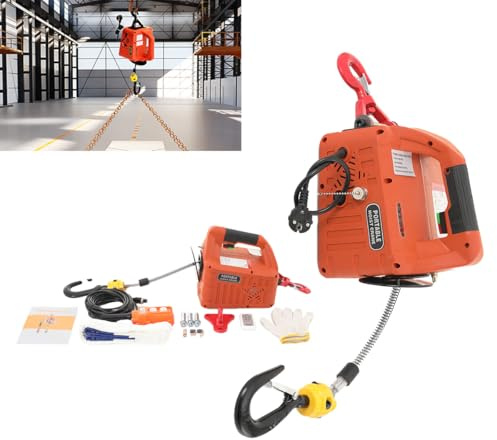 ECUTEE Cabrestante eléctrico, 1500 W, carga máxima 500 kg, con mando a distancia inalámbrico/cable, cable de alambre de acero de 7,6 m, indicador LED