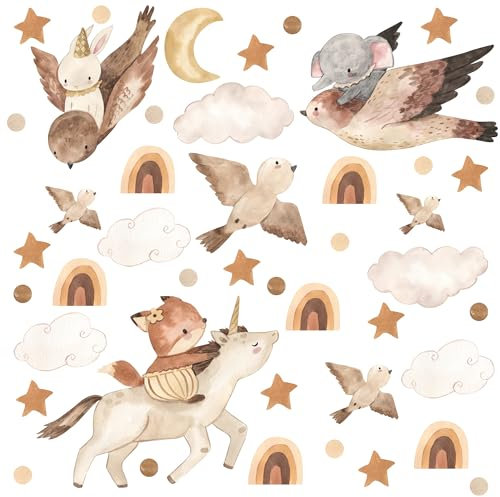 Muralo Sticker Set für Mädchen und Jungen - Aquarell Aufkleber Wandsticker Tattoo für Kinderzimmer - Vögel im Boho Stil Motiv - Br.120cm x Hö.60cm