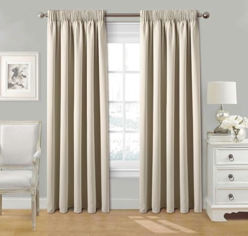 StylemyBedroom Pair Pencil Pleat Tape Top Plain Thermal OUT LINED Curtains with Tie Backs 46 x 54 - Cream