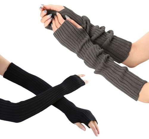 EUPSIIU 2 Pairs Winter Arm Warmers Gloves Long Fingerless Gloves Mittens, Knitted Mittens Wrist Cuff with Thumb Hole, Gothic Hand Cover for Jogging Bicycling Skiing Office Typing (Black, Dark gray)