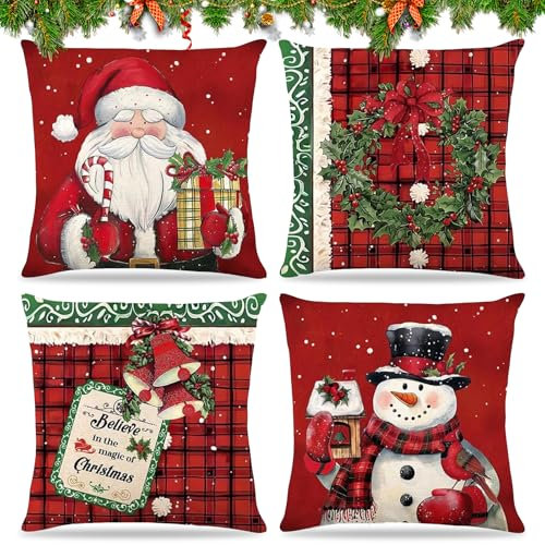 HIQE-FL Weihnachten Kissenbezüg,4 Stück Kissenbezug Weihnachten 40cmx40 cm,Weihnachtsdeko Kissenbezug,Kissenbezug Frohe Weihnachten,Zierkissenbezug Couch Wohnzimmer Deko,Weihnachtsdeko Rot