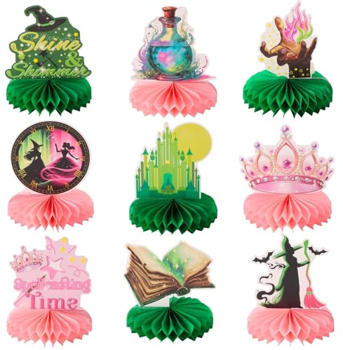 9pcs Magic Witch Honeycomb Centerpieces Pink Green Party Table Decorations Defying Gravity Tabletop Centerpieces Shine Shimmer Spellcasting Time Table Topper Sign Decors Witch Theme Party Supplies