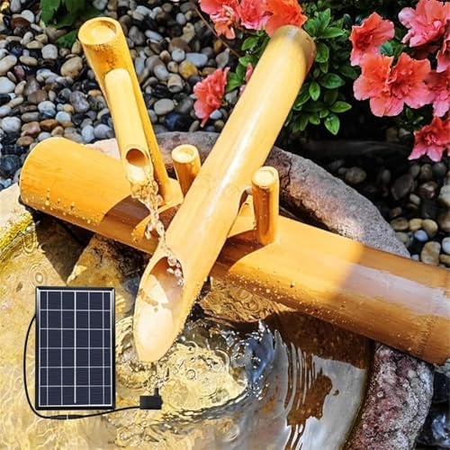 YAIUNHIQ Fontana a Cascata in bambù alimentata a energia Solare, Fontana da Giardino Giapponese, ugello a Cascata per Esterni Realizzato al 100% a Mano,25CM