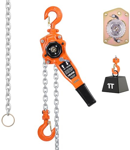 VEVOR Manual Lever Chain Hoist, 1T 1000KG Capacity Heavy Duty Come Along, 3M Lift G80 Alloy Steel Chain With Dual Pawl Mechanical Brake, 360° Rotating Hooks, for Warehouse Construction Garage