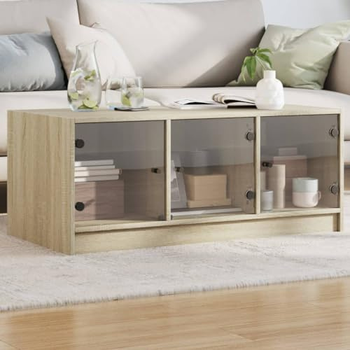 Teenpull Table basse avec portes en verre, bois de chêne Sonoma, 102 x 50 x 42 cm, table basse stable avec espace de rangement pour salon, table d'appoint moderne