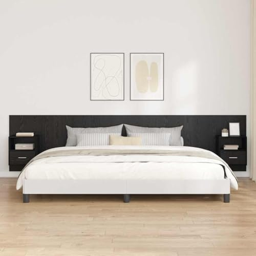 QJBSAVVA Bettkopfteil mit Nachttischen 337×32,5×80 cm Eiche Schwarz Wandmontage Holz Doppelbett Stauraum