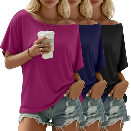 Riyiper - Confezione da 3 Magliette da Donna con Spalle Scoperte, Top Ampi e fluidi a Maniche Corte, t-Shirt Casual estive | Top da donna a maniche corte con vestibilità larga, maglietta estiva casual di base, tunica per allenamento atletico