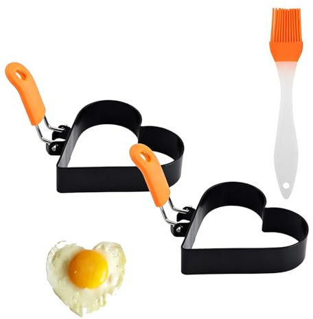 GisWell Spiegeleiformen 2er Set Herz – Pfannkuchenform & Eierform aus Edelstahl mit klappbaren Griffen für Spiegelei & Pancakes, inkl. Silikon-Ölpinsel