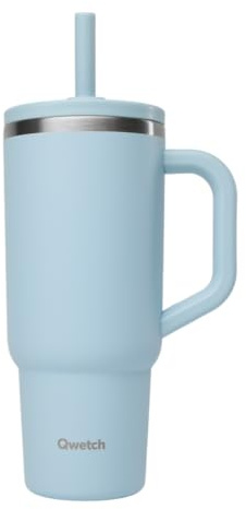 QWETCH Travel Cup Isotherme 900ml Étanche avec Paille Rabattable – Mug Isotherme Inox Recyclé avec Anse – Garde 48h Glacé / 12h Froid – Tumbler Isotherme – Gourde Compatible Porte‑Gobelet - Bleu