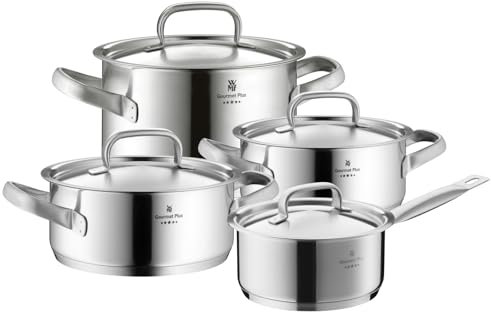 WMF Gourmet Plus - Batería de Cocina 4 Piezas, Acero Inoxidable Cromargan Apto para Inducción, 1 cazo de 20 cm, 3 Cacerolas de 16 cm, 20 cm y 24 cm con 4 Tapas de Metal