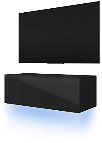 Selsey Skylara - Meuble TV Suspendu/Table Basse TV/Banc TV de Salon (100 cm, Noir Mat/Noir Brillant avec LED Bleue)