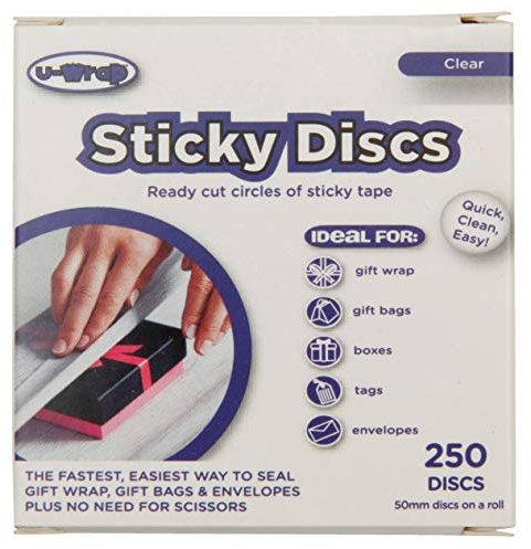 250 U-Wrap Sticky Discs Extra Large 50mm Gift Wrapping Clear Tape Circles x 250 Circular Packaging Seals Stickers