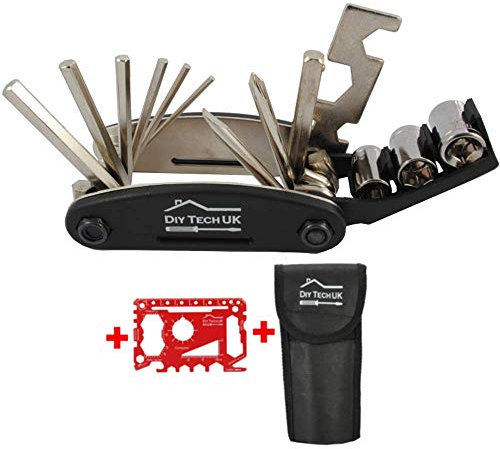 DIY TECH UK - 16 in 1 - Allen Keys Multi Tool Set Cycling Bicycle Bike - Small Hex Wrenches Multitool + 2 Screwdrivers - Black - Free 48 in 1 Credit Card Gadget + Pouch