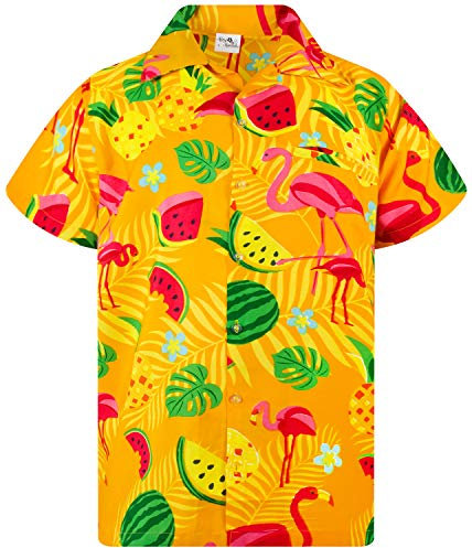 King Kameha Funky Hawaii-Hemd, Herren, Kurzarm, Flamingo-Melon, Gelb, 4XL