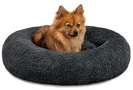 lionto Donutbett für Hunde und Katzen, Flauschiges Hundebett rund für kleine und große Heimtiere, Ø 60 cm, weiches Katzenbett aus kuscheligem Plüsch, Hundekissen mit extra Dicker Füllung, dunkelgrau