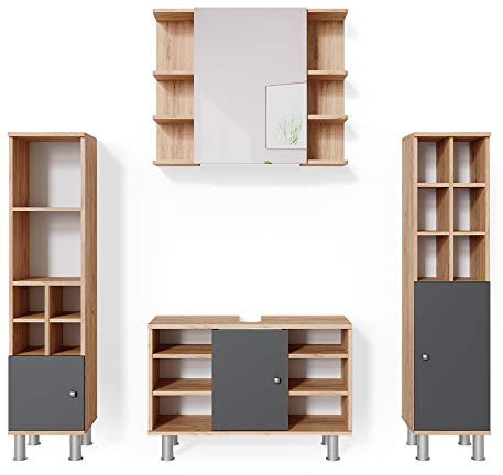 Vicco Badmöbel-Set Fynn, Goldkraft Eiche/Anthrazit, 4 Teile, mit Midischränke