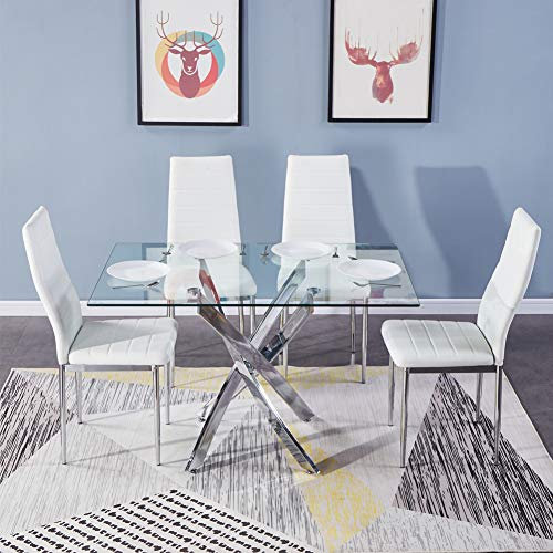GOLDFAN Esstisch Set mit Glas Esstisch und 4 Weiß Esszimmerstühle und Quadratischer Tisch für Wohnzimmer Küche Büro 110x70cm