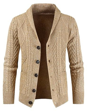 JMIERR Mens Wool Blend Shawl Collar Cable Knit Cardigan Sweater, L, Khaki