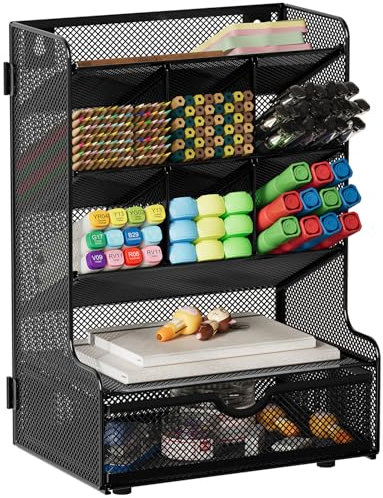EasyPAG 9 Compartiments Métal Organisateur de Bureau Range Bureau Rangement Bureau Pot à Crayon Porte Stylo avec Tiroir,Noir