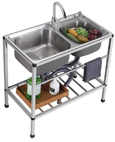 Spültisch Edelstahl 2 Becken - Freistehende Spülbecken mit Ablagefächern und Wasserhahn, Küchenspülen-Set Multifunktions waschtisch für Waschküche, Hinterhof, Garagen
