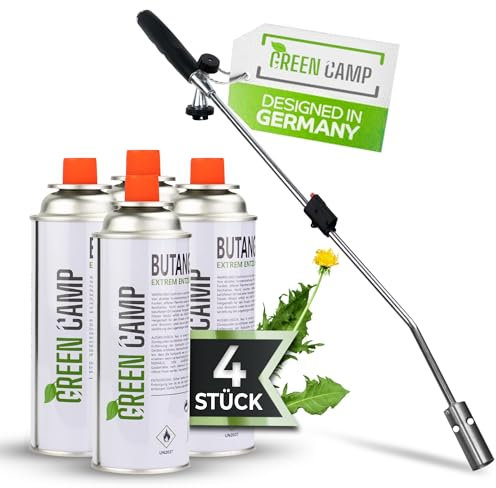 Green Camp® Unkrautvernichter inkl. Gaskartuschen - stabiler Unkrautbrenner mit Piezozündung stufenlos regulierbar – Gasbrenner aus hochwertigem Metall mit ergonomischen Griff