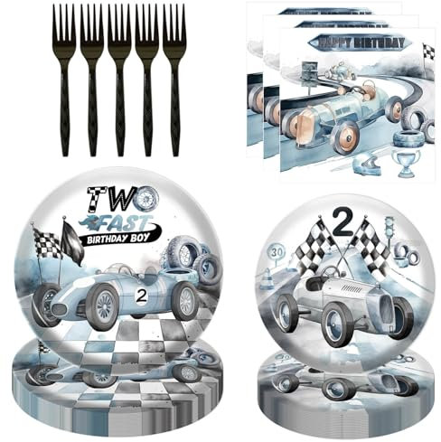 80 Pcs Vintage Race Car 2nd Birthday Party Decorations - Two Fast Dessert Plates Napkins Forks Tableware Kit for Boys Vintage Racing Car Theme Two Years Old Birthday Party Supplies Decorations