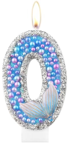 Mermaid Tail Birthday Candle, Purple Blue Pearl Flashing Number 0 Candle, Mermaid Theme Birthday Cake Decoration, Birthday Candle Supplies for Girls and Children