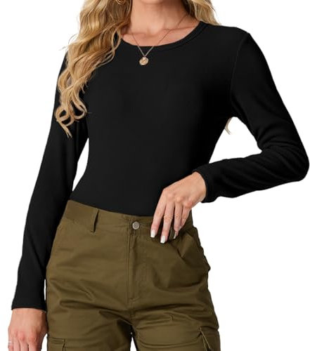 IWOLLENCE Basic Tops Women Ribbed Knit Round Neck Long Sleeve T Shirts Women Basic T-Shirt Y2k Slim fit Tee Tops (Black, M)