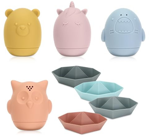 Zikenis 8 Pièces Jouet Bain Bébé en Silicone,Jouets de Bain pour Bebe,Jeux Montessori Bébé Eveil,Jouets de Bain en Silicone,Animaux Jouets Flottants avec Ouverture,Pulvérisable