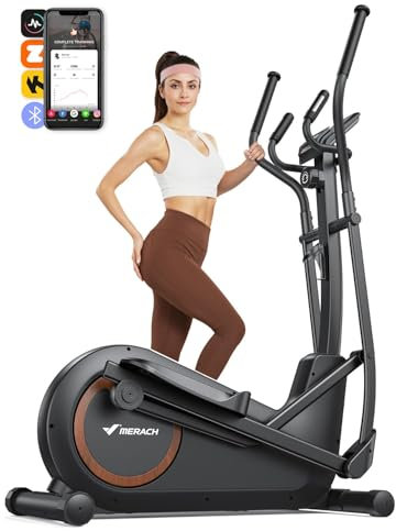 MERACH Crosstrainer für Zuhause mit 42 cm Schrittlänge, Ultraleise Ellipsentrainer mit Magnetwiderstand, 16 Widerstandsstufen, für Effektives Ausdauertraining, Eigener App, Belastbar Bis 150 kg