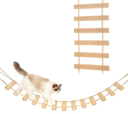 GREENSAPPIRE Cat Climbing Ladder Wall Mounted Cat Bridge Wood Pet Furniture Cat Hemp Cage Sisal Rope Shelves Kitten Toys Tree Tower for Indoor Cats (Full Sisal Ladder 100cm)