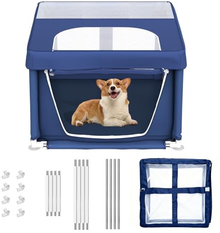 90 x 90 x 66 cm Welpenlaufstall mit Tor, Hundelaufstall für Welpen oder kleine Hunde, Sicherheitslaufstall für Haustiere mit verdicktem Stoff, Edelstahlrohre (Blue, 90 x 90 x 66 cm, 6)
