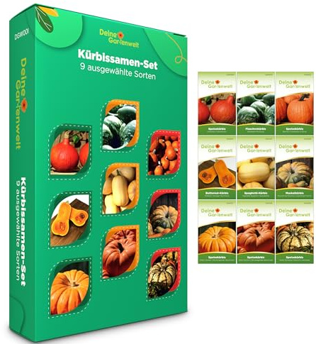 Kürbis Samen Set – 9 Sorten Kürbissamen – Anzuchtset für Kürbisse – Hokkaido, Butternut, Flaschenkürbis & Spaghettikürbis Samen – Kürbis Pflanzen – Ideal als Geschenkset – 3er Pack