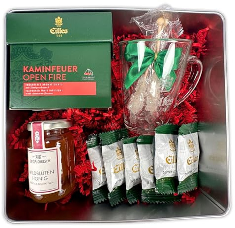 KAMINFEUER Geschenkdose mit würzigem Tee, feinem Shortbread, Teeglas, Honig und Kandis