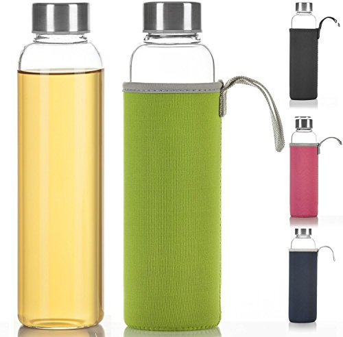 Dimono Classic Trinkflasche aus Glas 600ml - Sport Glasflasche Wasser-Flasche; bruchsicher mit isolierender Nylon Thermo-Hülle - Grün