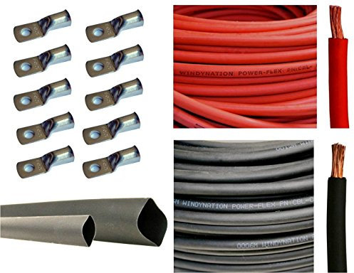 WindyNation WNI 4 AWG 4 Gauge 5 Feet Black + 5 Feet Red Battery Welding Pure Copper Ultra Flexible Cable + 5pcs of 5/16 & 5pcs 3/8 Copper Cable Lug Terminal Connectors + 3 Feet Heat Shrink Tubing