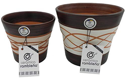 CERÁMICA RAMBLEÑA | Macetas de Barro Rojo | Macetas Decorativas | Macetas de cerámica | Macetas Exterior | Hilo-Nogal | Decoración 100% Hecho a Mano | 20x20x17cm + 17x17x14cm