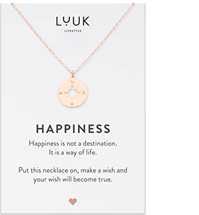 LUUK LIFESTYLE Stainless steel necklace with compass pendant and HAPPINESS card, travel lucky charm, 20” adjustable chain, gift for girlfriend, mother, timeless fashion accessory, wanderlust, rose