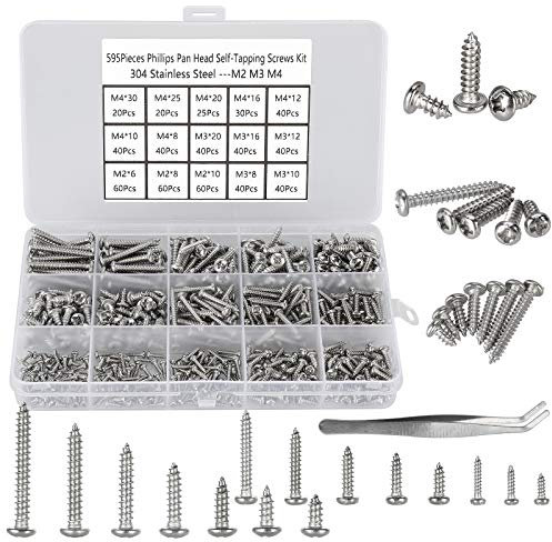 FandWay 595 Pezzi Viti Autofilettanti a Testa Tonda,M2 M3 M4 kit di Viti per Legno,Viti a Bombato a Croce Phillips Filettatura Intera Acciaio Inox 304 per Mobili Garage Casa DIY.