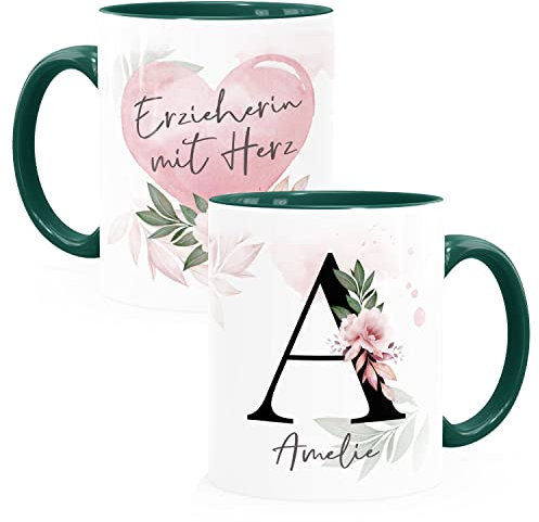 SpecialMe® Kaffee-Tasse mit Name und Spruch mit Herz Initiale Monogramm Dankeschön personalisierte Geschenke Erzieherin inner-grün Keramik-Tasse