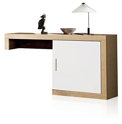 duehome | Salon Modular, Módulo Bajo Auxiliar con 1 Puerta, Composicion Salon por Piezas, Modelo Nuka, Acabado en Blanco y Cambria, Medidas: 130 cm (Largo) x 29,7 cm (Fondo) x 69 cm (Alto)