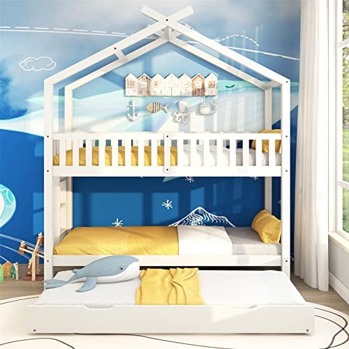 JINTAOMA Etagenbett, Multifunktionales Schiebebett, Hausbett 90x200 cm, rei Betten, Ausziehbar, Platzsparendes Design, Weiß