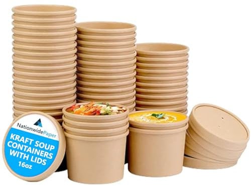 16oz Brown Kraft Disposable Soup Containers with Lids 50 Pcs of Paper Soup Bowls Takeaway Tubs Perfect for Ice Cream and Deli Containers (475ml)