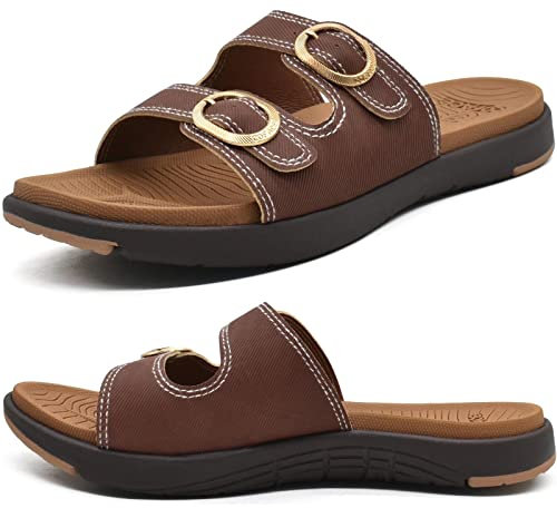 COFACE Sandales Femme Été Mode Orthopedique Slides Avec Support Confortable Plantar Fasciite Léger Sandale De Sangles Réglables,Marron 35
