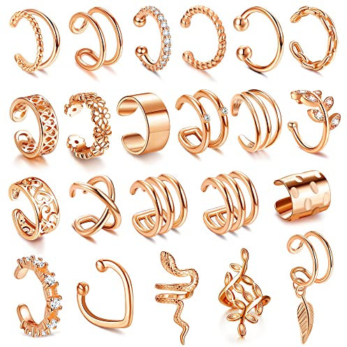 JeweBella 22Pcs Faux Piercing Oreille Réglables Ear Cuff Cartilage Clips Oreilles non Percées Manchette Oreille Boucle Oreille Sans Trou Boucle d'Oreille Clip Femme Or/Argent/Or Rose/Noir