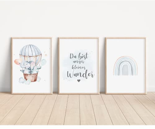 MeinBaby123® Bilder Kinderzimmer | 3er Set DIN A4 | Kinderzimmer Poster | Deko Bilder Kinderzimmer | Babyzimmer Deko Regenbogen | Taufgeschenk, Geschenk zur Geburt (Elefant & KrokoV2)