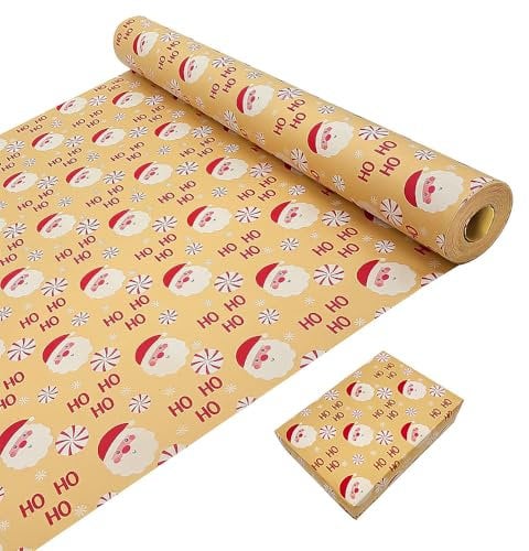 43 cm × 20 m Weihnachtsgeschenkpapierrolle, Kraftpapier bedruckt mit Weihnachtsmann, recycelbare Kraftpapierrolle für Weihnachten, Geburtstag, Hochzeit, Geschenkpapier