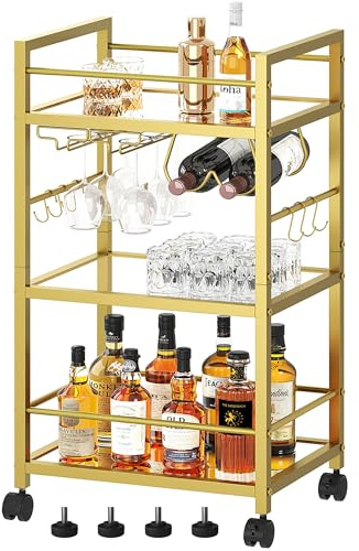 Homedawn Barwagen, Servierwagen für Zuhause, Mikrowellenwagen, Getränkewagen, mobiles Küchenregal mit Weinregal und Glashalter, Rollender Getränkewagen für Esszimmer, Gold