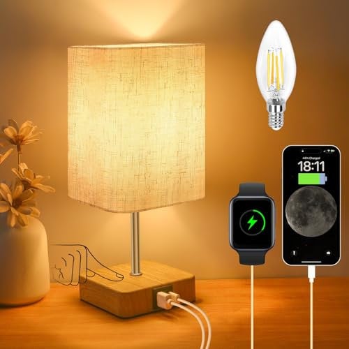 Jayencer Touch Control USB Table Lamp,Dimmable Nightstand Lamps with USB Charging Ports,Small Touch Lamp with Wood-grain Base & Beige Fabric Shade for Bedroom Living Room Children's room,Bulb Included